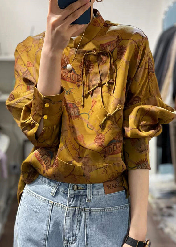 Yellow Stand Collar Patchwork Print Shirt Top Spring