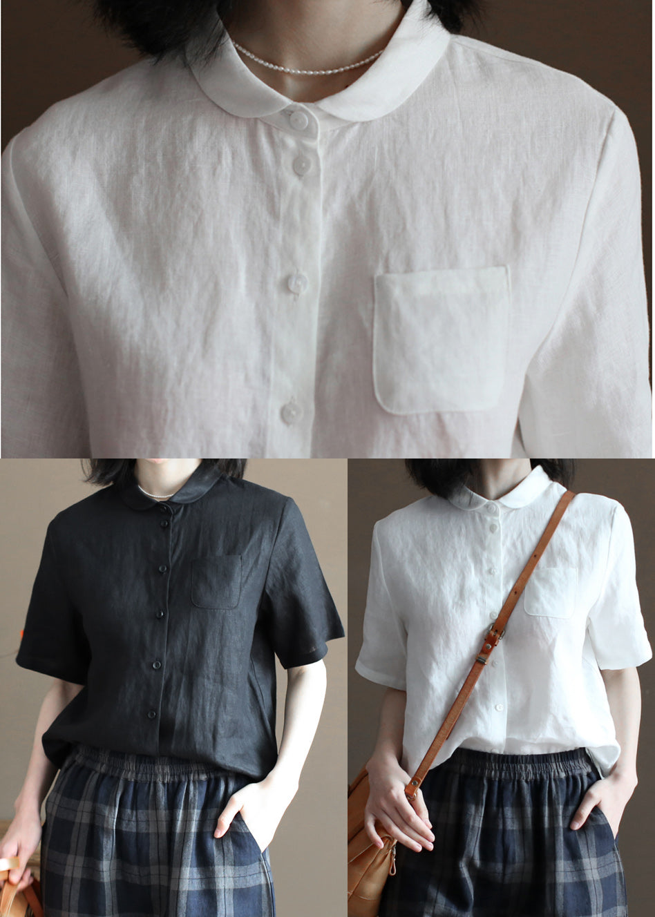 White Peter Pan Collar Pocket Linen Shirts Half Sleeve