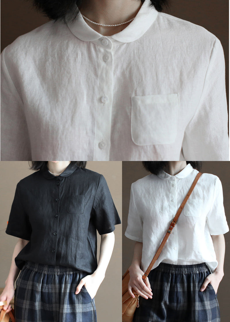 White Peter Pan Collar Pocket Linen Shirts Half Sleeve
