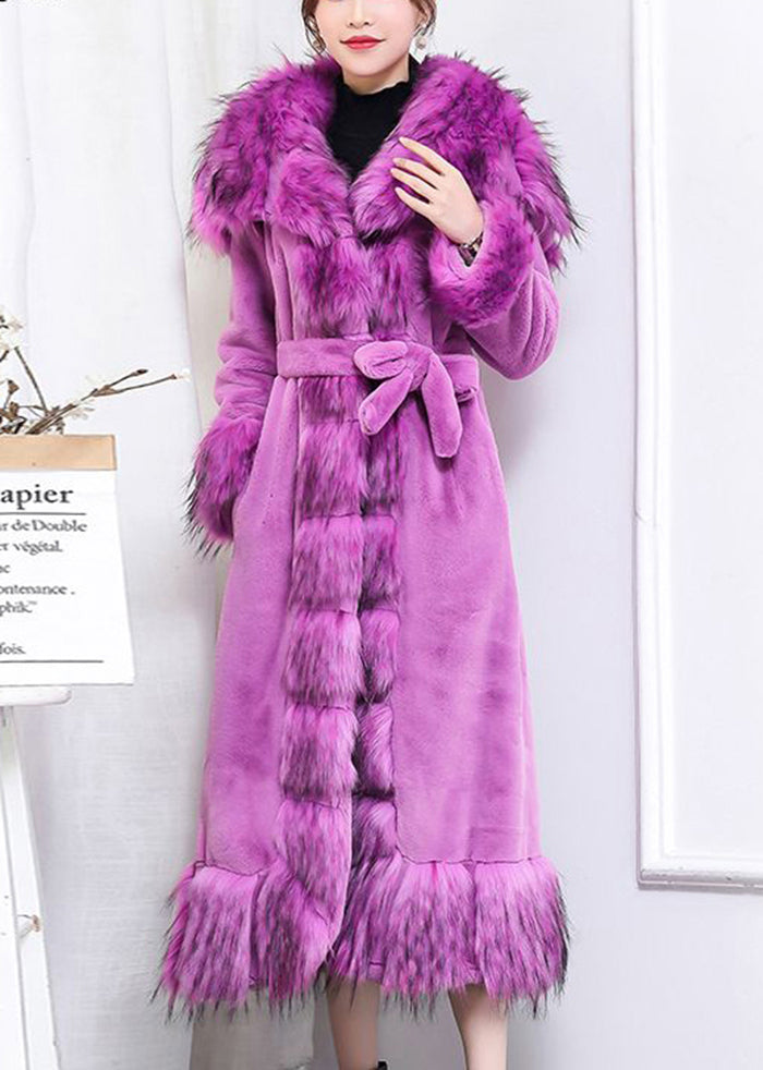 Purple Fur Collar Patchwork Tie Waist Faux Fur Long Coat Winter