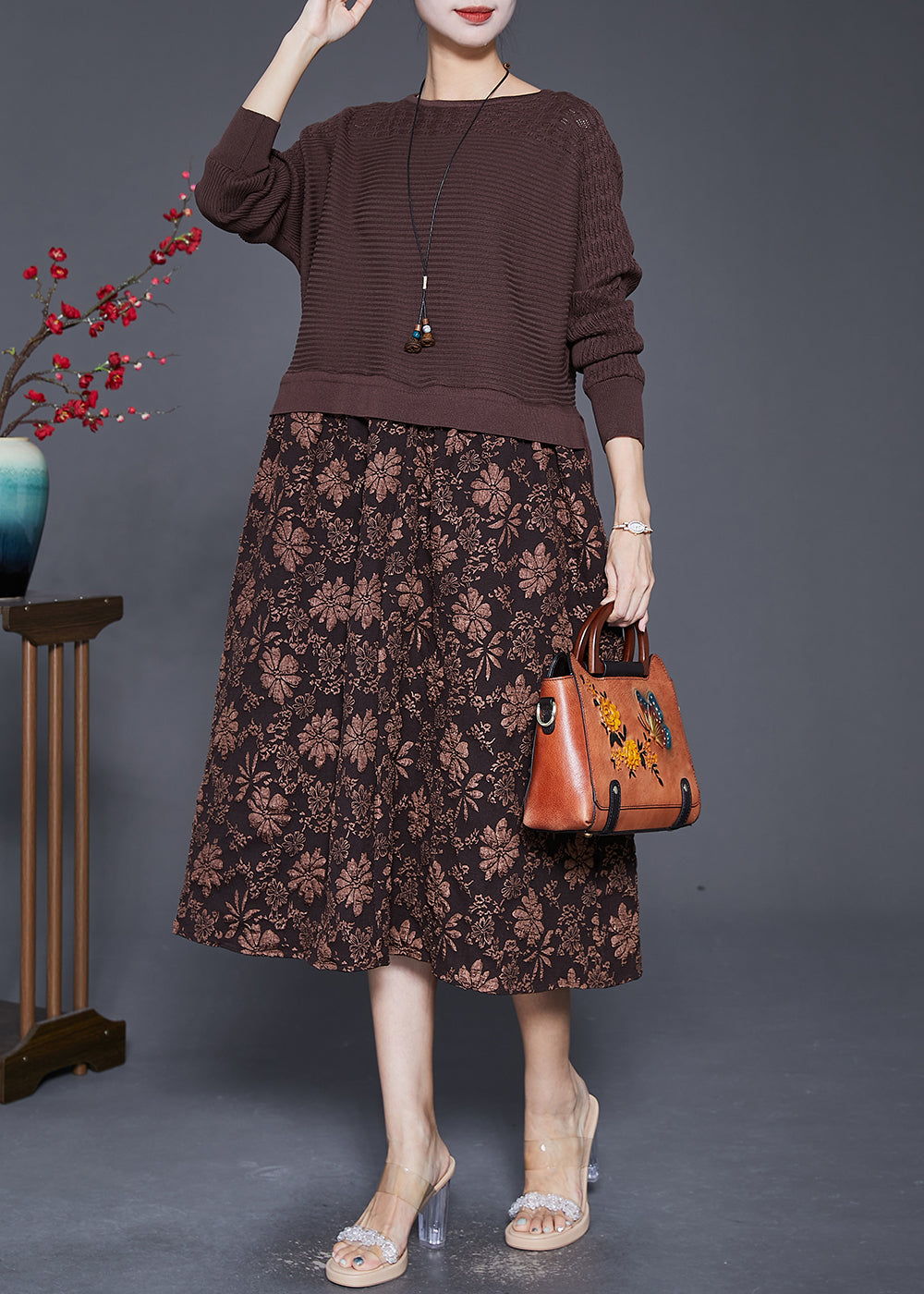 Coffee Jacquard Patchwork Knit Maxi Dresses Fall