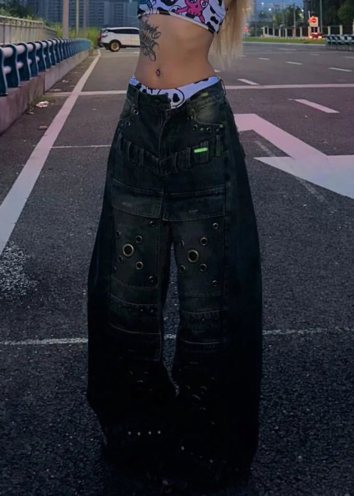 European and American Style Blue Rivet Denim Wide Leg Pants Spring