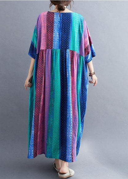 French Color Block Striped Print Loose Summer Vacation Dresses Half Sleeve