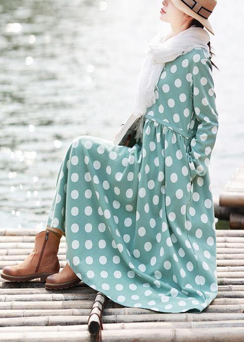 Diy O Neck Cinched Spring Quilting Dresses Pattern Green Dotted Loose Dresses