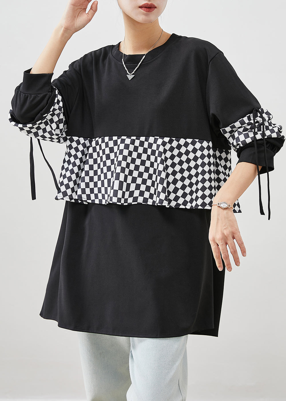 Italian Black Oversized Patchwork Warm Fleece Pullover Fall