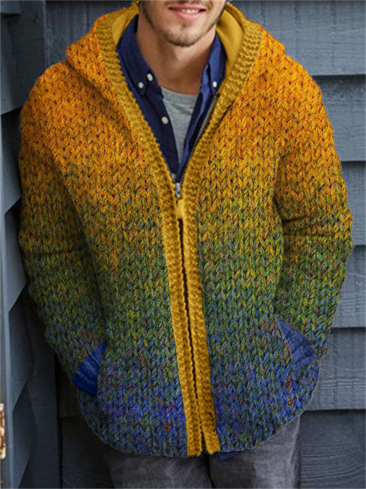Men's Gradiant Art Crochet Cozy Hooded Cardigan artswardrobe