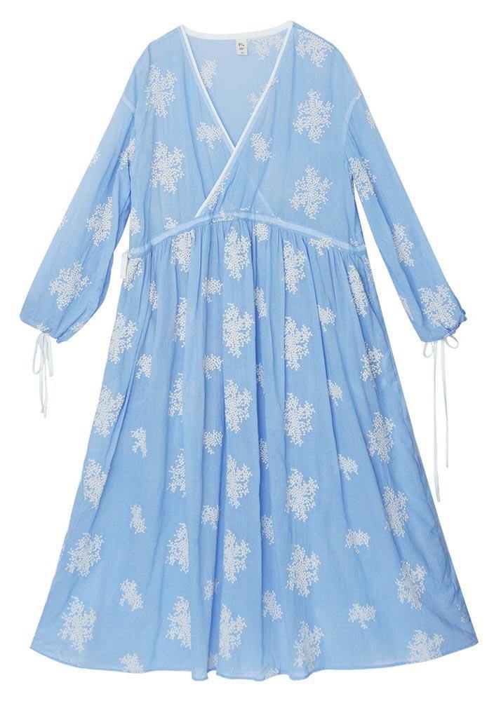 Boutique Blue Embroideried Tie Waist Long Summer Cotton Dress