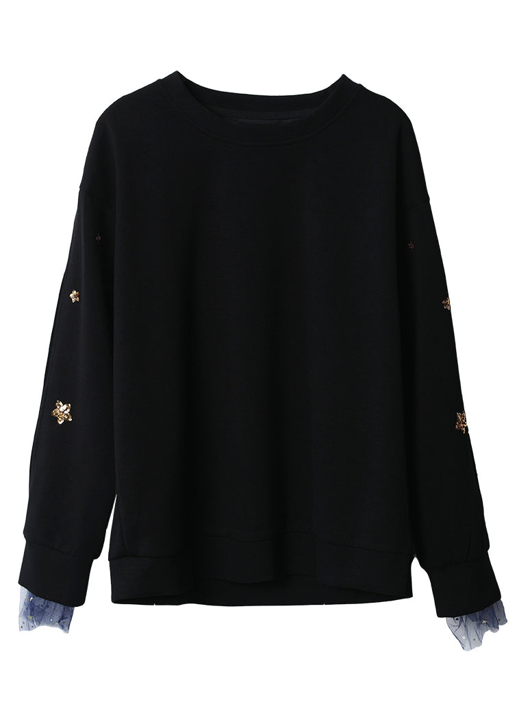 Black O Neck Sequins Patchwork Cotton Sweatshirt Long Sleeve