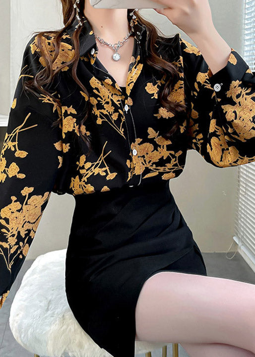 Black Peter Pan Collar Button Print Chiffon Shirt Tops Spring