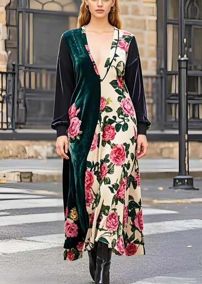 Asymmetrical Patchwork Silk Velour Maxi Dresses Spring