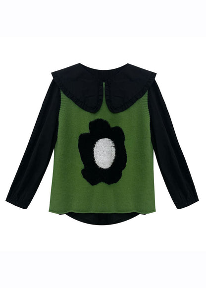 Green Cotton Knit Waistcoat Black Shirts and Pleated Skirt Three Pieces Set Long Sleeve