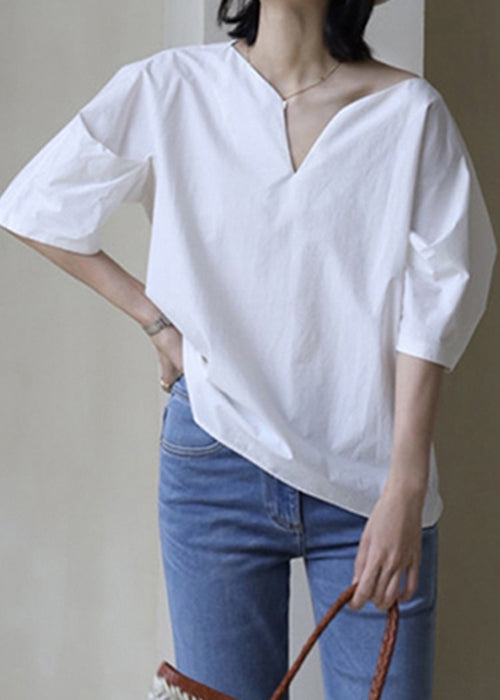 Simple White V Neck Cotton Shirt Half Sleeve
