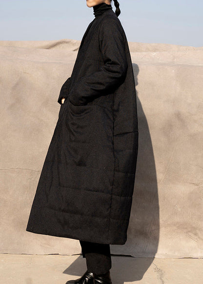 Black V Neck Chinese Button Fine Cotton Filled Coat Winter