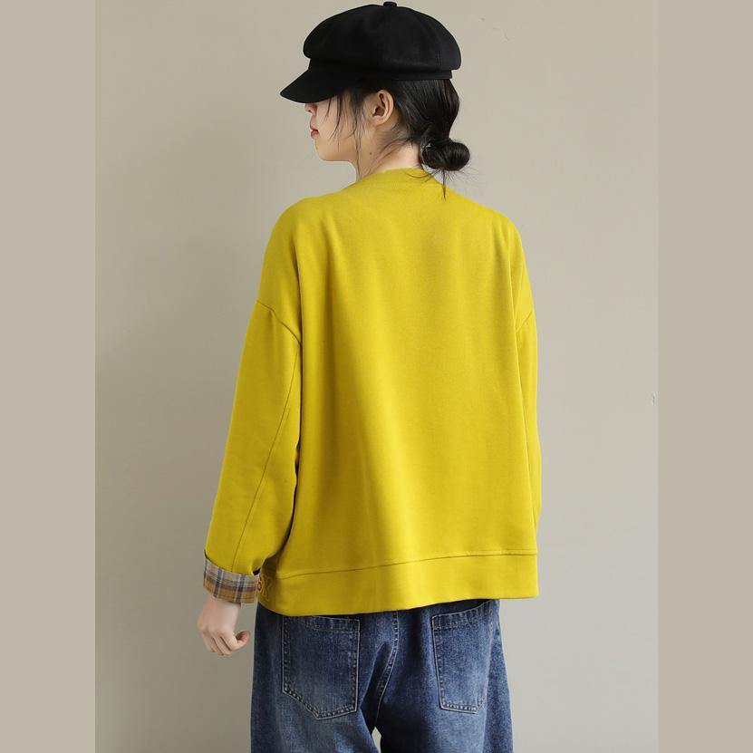 Unique Long Sleeve Cotton Embroidery Pockets Tunic Top Photography Yellow Blouse