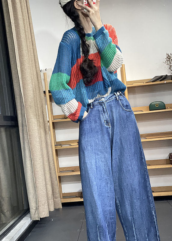 Organic Rainbow Patchwork Loose Fall Knit Sweaters