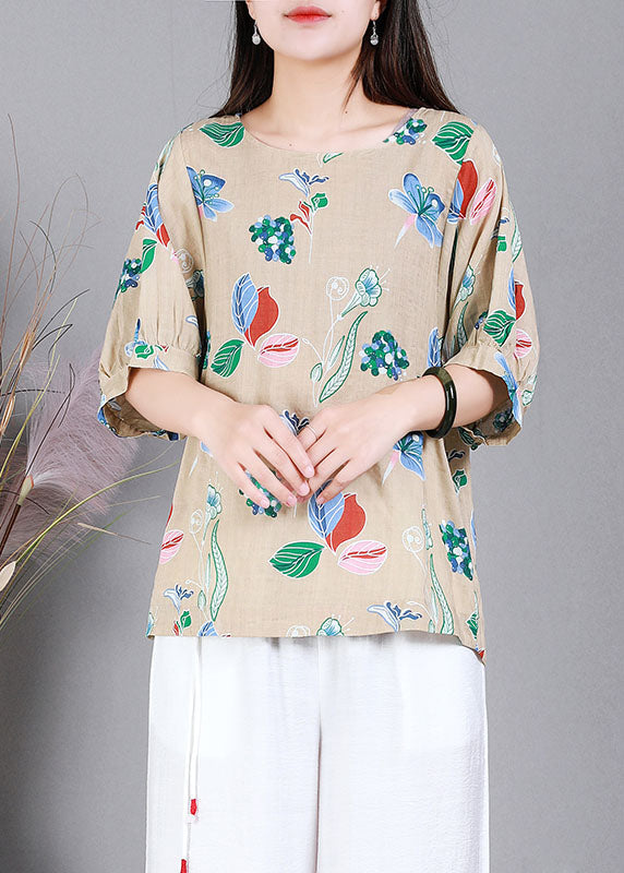 Apricot Print Cotton Original Design Shirts O-neck Half Sleeve