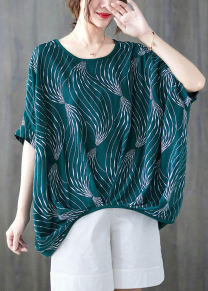 Green O-neck Print Cotton Pullover Tops Short Sleeve