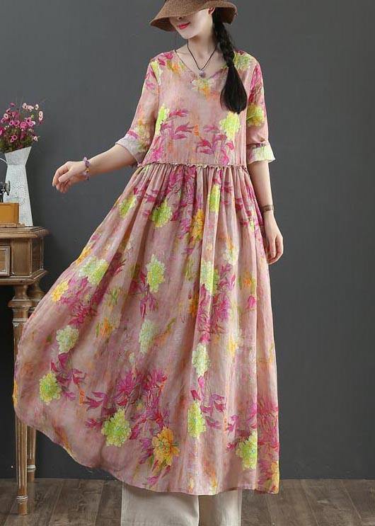 Style Pink Print Pockets Summer Linen Dress