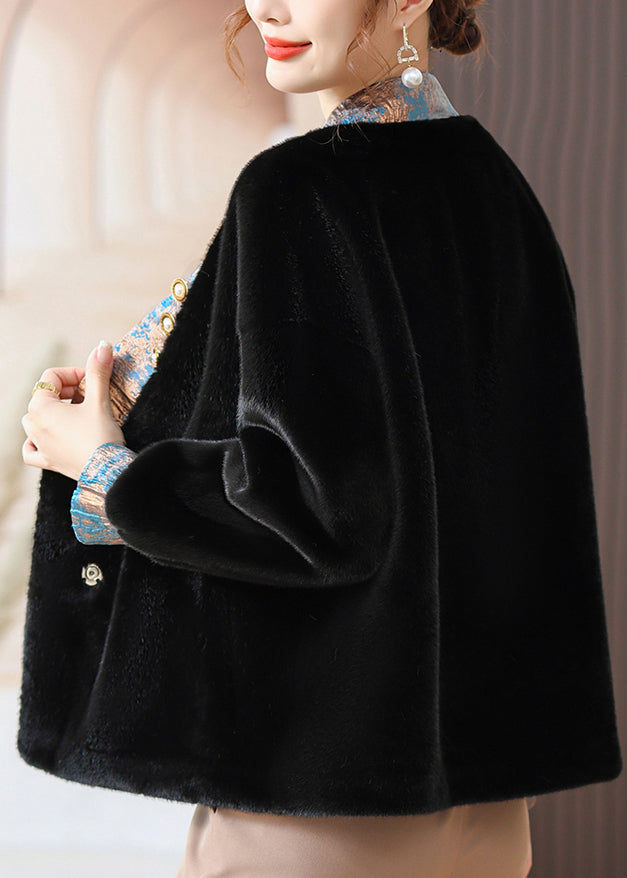 Black V Neck Pockets Patchwork Mink Hair Coats Fall