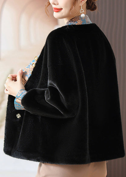 Black V Neck Pockets Patchwork Mink Hair Coats Fall