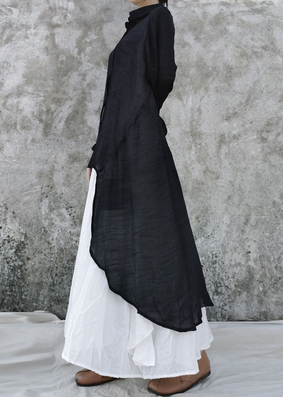 Loose Black Low High Design Peter Pan Collar Linen Tops Long Sleeve Fall
