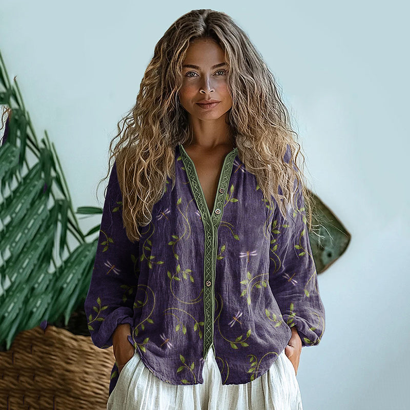 Bohemian Style Dragonfly Linen Print  Long Sleeve Shirt artswardrobe