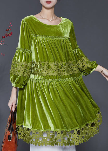 Handmade Grass Green Oversized Patchwork Silk Velour Dresses Spring