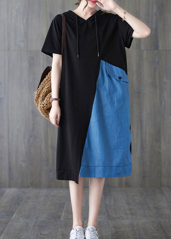 Blue Black Hooded Drawstring Patchwork Dress Short Sleeve Summer