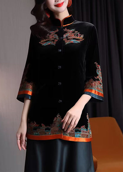 Black Stand Collar Embroideried Button Silk Velour Coats Fall