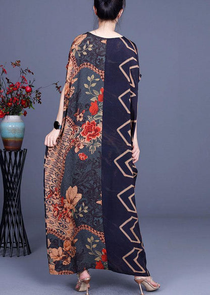 Navy Print Patchwork Batwing Sleeve Silk Long Dress Summer