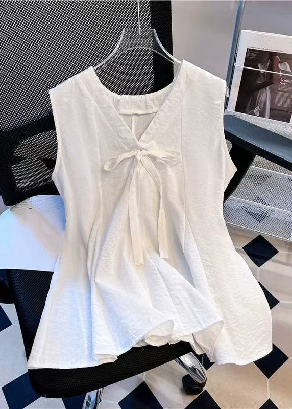 Simple Blue V Neck Bow Cotton Tank Sleeveless