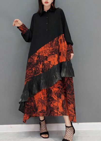 Art Red Peter Pan Collar Print Patchwork Vacation Dresses Spring