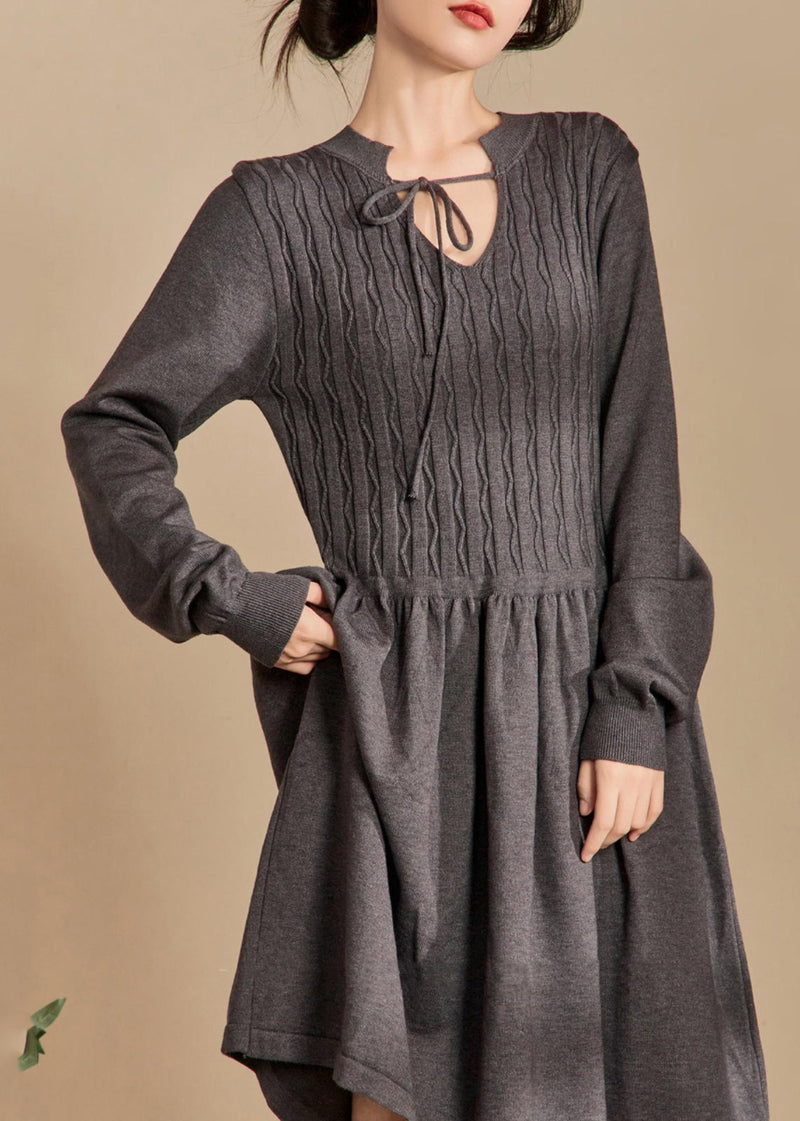 Grey Lace Up Knit Dresses Spring