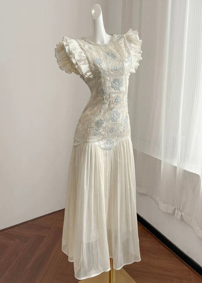 Apricot Embroidered Wrinkled Patchwork Long Dress Summer