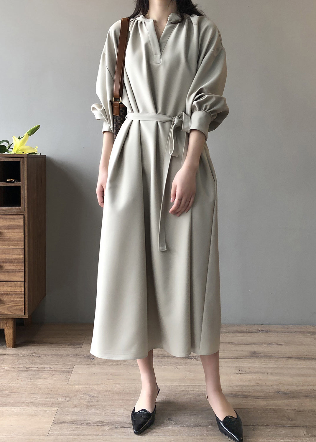 Apricot V Neck Tie Waist Cotton Long Dress Fall