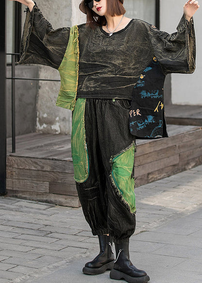 Modern Black O-neck Asymmetrical Design Patchwork Denim Tops and Harem Pants Two Piece Set Spring