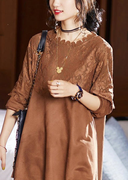 Coffee O Neck Lace Patchwork Top Long Sleeve