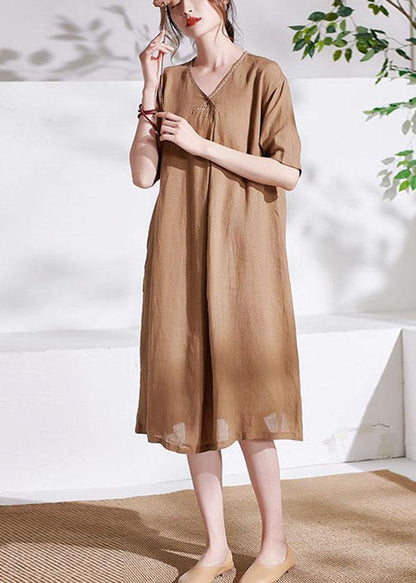 Apricot V Neck Lantern Sleeve Summer Linen Sundress Half Sleeve