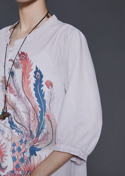 Art Beige Phoenix Print Linen Blouses Bracelet Sleeve
