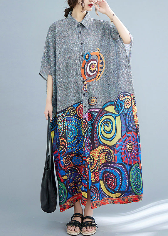 Peter Pan Collar Print Button Cotton Long Shirts Dress Summer