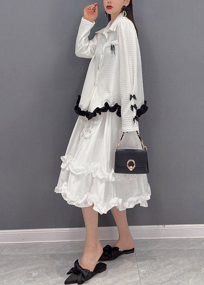 White Embroideried Ruffled Tulle Patchwork Chiffon Dress Two Pieces Set Spring