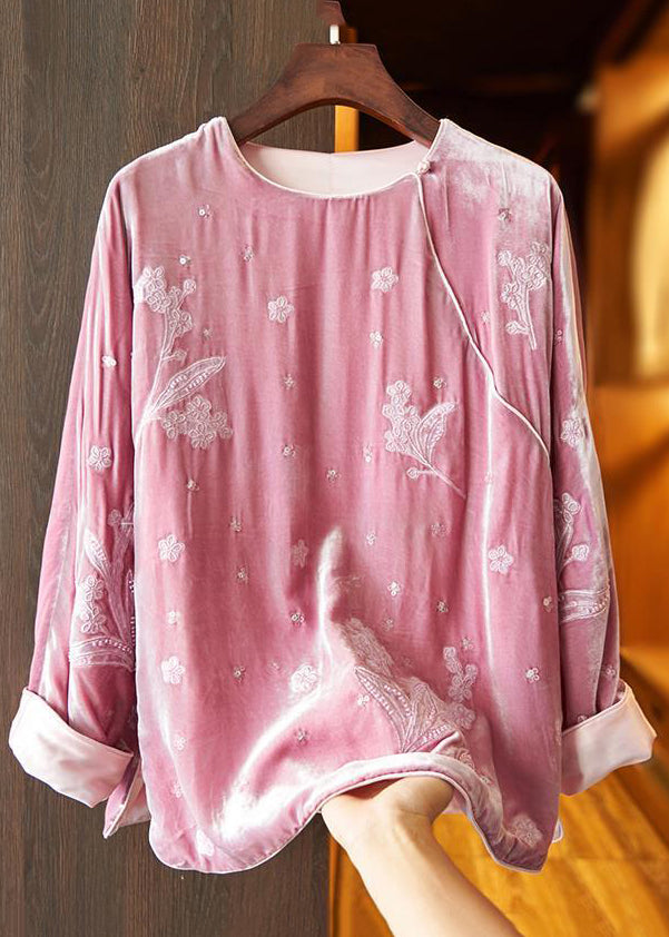 Loose Black Embroideried Side Open Silk Velour Top Fall