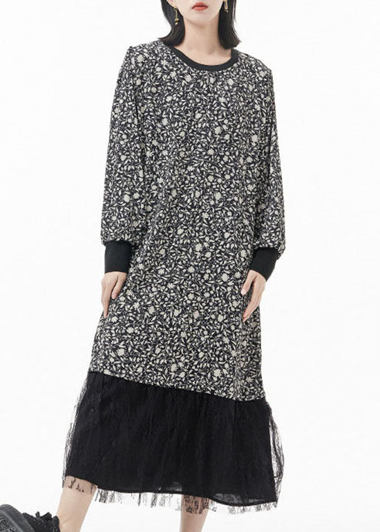 Black O-neck Print Tulle Patchwork Silk Party Dress Spring