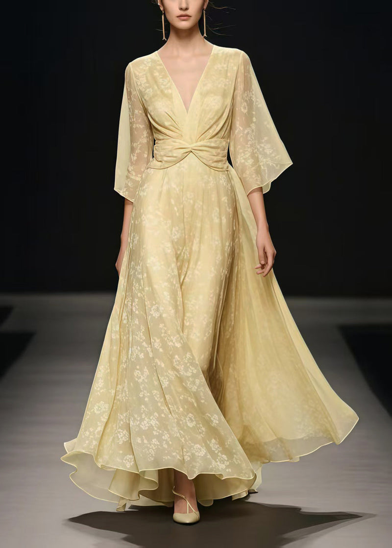 Light Yellow Cinched Exra Large Hem Chiffon Long Dress Summer