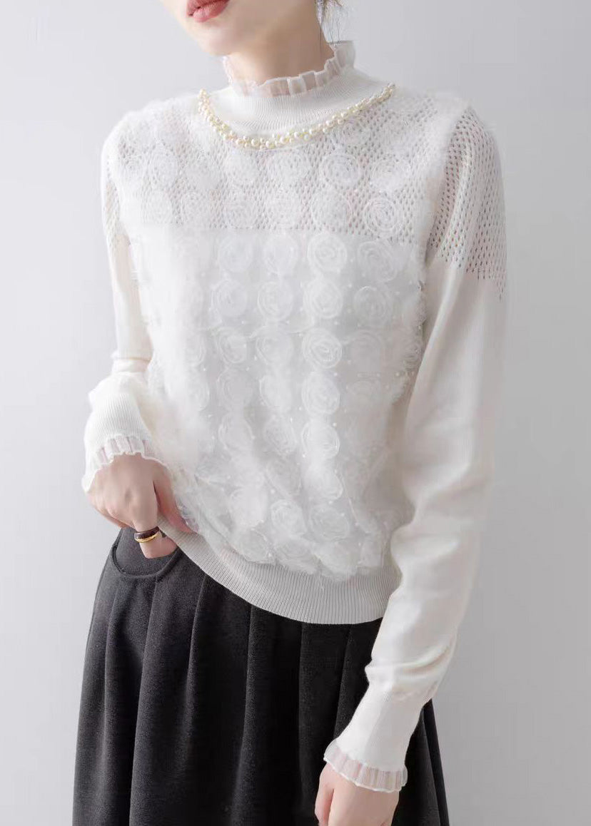 Modern White Ruffled Knit Top Spring