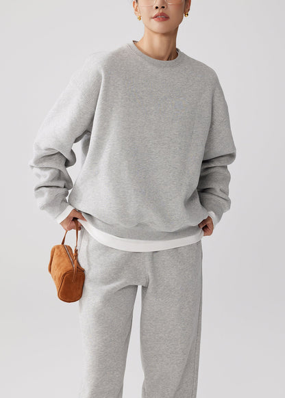 Loose Apricot O Neck Sweatshirt and Pants Warm Fleece Two Piece Set Winter