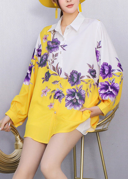 Street Style Purple Pattern Printed Yellow Shirt Fall