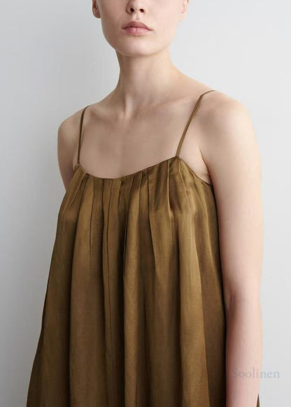 Boutique Brown Oversized Wrinkled Linen Spaghetti Strap Dress Summer