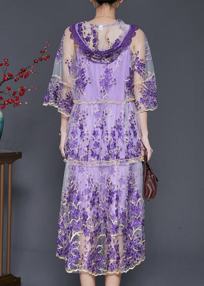 Purple Embroidered Tulle Dress Two Pieces Set Summer