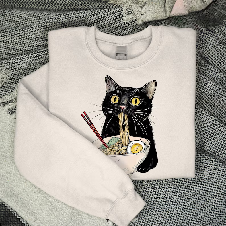 Vintage Black Noodle Cat Pattern Print Ladies Sweatshirt elevenforest